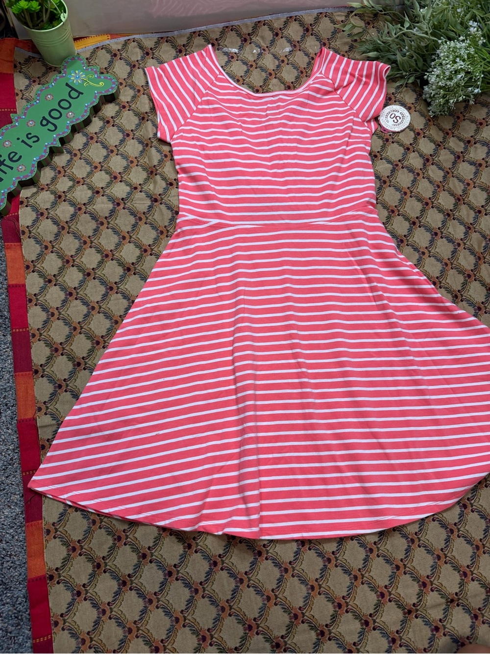 Junior' Coral Pink Striped Fit & Flare twist back dress